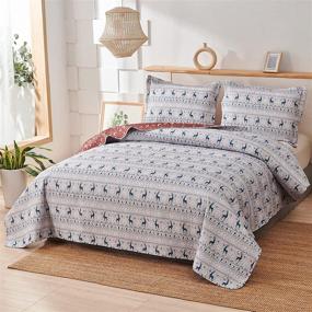 img 2 attached to 🎄 Full/Queen Size Reversible Rustic Cabin Christmas Quilt Set - Moose Elk Bedding Coverlet for a Festive and Cozy Bedroom - Lightweight Lodge Reindeer Daybed Sets in Teal, Red, and White