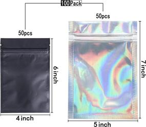 img 2 attached to 🌈 Holographic & Matte Black Resealable Smell Proof Bags - 100 Pack | 5x7 & 4x6 Inch | Foil Pouches for Party Favors & Food Storage