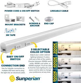 img 2 attached to Sunperian 46 Inch LED Under Cabinet Light Kit, 2 PCS T5 Integrated Fixture, 16W, 1600 Lumens, Linkable, 3 Color Options 3000K/4000K/5000K, Easy Peel and Stick or Bracket Mount, On/Off Switch, Damp Rated