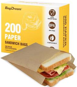 img 4 attached to 👜 BagDream Natural Kraft Paper Sandwich Bags 7.9x6.3x1.96" 200ct - Recyclable Kitchen Paper Sack Bags, Sealable | Includes Thank You Stickers