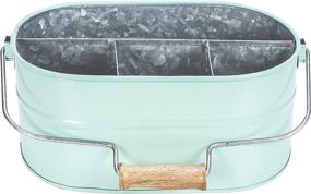 img 3 attached to 🍴 TEAL Farmhouse Utensil Caddy Carry-All Serveware - Galvanized Metal Organizer for Kitchen Counter - Wooden Handle Storage for Flatware, Condiments, Party Cutlery - Perfect for Indoor/Outdoor Use - Ideal for Arts & Crafts