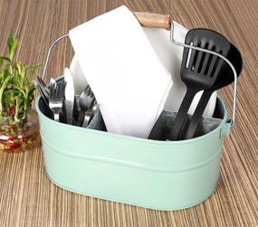 img 1 attached to 🍴 TEAL Farmhouse Utensil Caddy Carry-All Serveware - Galvanized Metal Organizer for Kitchen Counter - Wooden Handle Storage for Flatware, Condiments, Party Cutlery - Perfect for Indoor/Outdoor Use - Ideal for Arts & Crafts