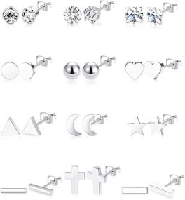 img 4 attached to Ofeiyaa 12-Pair Stainless Steel Geometric Earring Set with Clear 💎 CZ Studs in Silver and Rose Gold Tones for Women and Girls