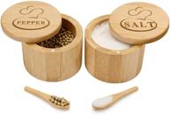 bamboo salt and pepper cellars: stylish magnetic swivel lid set with serving spoons - ideal for salt, pepper, sugar, spice storage (style 1) logo