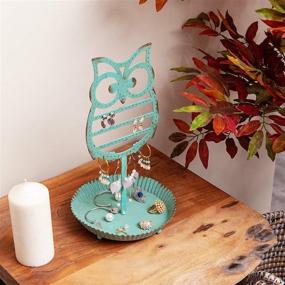 img 2 attached to NIKKY HOME Teal Metal Owl Earring Holder Stand: Jewelry Tree Organizer with Ring Tray for Women, Girls, and Kids – Cute Table Top Ear Stud Holder Rack (134 Holes)