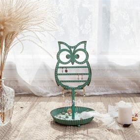 img 3 attached to NIKKY HOME Teal Metal Owl Earring Holder Stand: Jewelry Tree Organizer with Ring Tray for Women, Girls, and Kids – Cute Table Top Ear Stud Holder Rack (134 Holes)