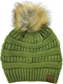 img 1 attached to 🎩 Plum Feathers Soft Stretch Cable Knit Ribbed Beanie Hat with Faux Fur Pom Pom