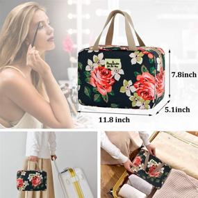 img 1 attached to 💄 Stylish Floral Toiletry Bag for Women: Navy Blue Travel Case for Cosmetics, Makeup & Brushes