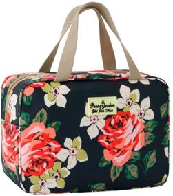 img 4 attached to 💄 Stylish Floral Toiletry Bag for Women: Navy Blue Travel Case for Cosmetics, Makeup & Brushes