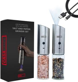 img 4 attached to CasaCozy USB Rechargeable Electric Salt and Pepper Grinder Set: LED-Light Enhancements, Stainless Steel, Adjustable Coarseness, Gravity Automatic Mill