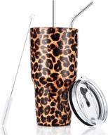 leopard tumbler 30oz: insulated stainless steel travel mug with straw lid & cleaning brush logo