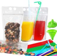 🥤 clear stand-up plastic pouches bags with zipper closure, drink straws included, durable translucent reclosable bags for hot and cold beverages, 2.5" bottom gusset logo