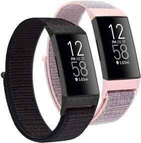 img 4 attached to 🌈 Мягкие регулируемые нейлоновые петли для Fitbit Charge 4 / Charge 3 - Черный Песок+Розовый Песок Заменяемый Ремешок