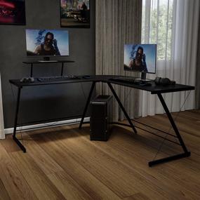 img 4 attached to 💻 Flash Furniture Corner Desk - Black/Black L-Shaped Gaming Desk with Monitor Shelf - 71.5" 2-Tier Computer Desk: Efficient Home Office Corner Solution, Easy to Assemble