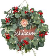 elegant artificial eucalyptus wreath with red berries & welcome sign – versatile farmhouse décor for front door, porch or indoor display – large 20-inch christmas & thanksgiving wreaths for all seasons! логотип