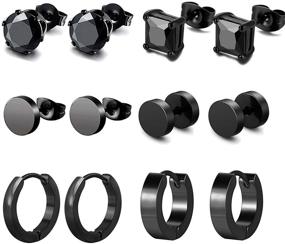 img 4 attached to 💎 Stylish K&Q 6 Pairs Black Stainless Steel CZ Stud and Hoop Earrings Set: Perfect Ear Piercing Accessories for Women, Men, Teen Girls, and Boys - Great Gift Idea!