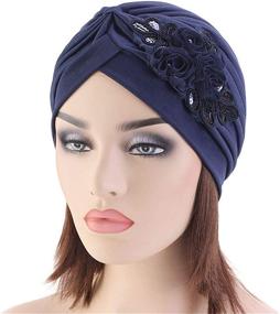 img 1 attached to 🌸 Qianmome Womens Sequin Flower Turban: Stylish Headwrap for Elegant Muslim Beanie and Chemo Cap