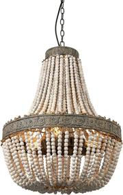 img 4 attached to Newrays Wood Bead Chandelier Pendant Three Lights Gray White Finishing Retro Vintage Antique Rustic Kitchen Ceiling Lamp Light Fixtures(Big)