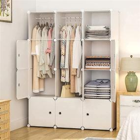 img 4 attached to Aeitc Portable Wardrobe Closet Cube Storage Organizer: White, 12 Cube+2 Hangers | Bedroom Armoire with Doors for Enhanced Visibility