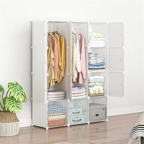 img 3 attached to Aeitc Portable Wardrobe Closet Cube Storage Organizer: White, 12 Cube+2 Hangers | Bedroom Armoire with Doors for Enhanced Visibility