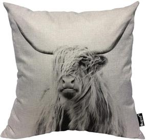 img 4 attached to Mugod Highland Cow Decorative Throw Pillow Cover Case - Portrait of a Hairy Grey and White Cattle Ox Horn - Cotton Linen Pillow Cases, Square Standard Cushion Covers for Couch Sofa Bed - 18x18 Inch