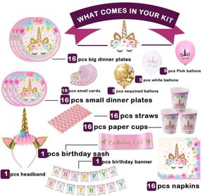 img 3 attached to 🦄 Complete Unicorn Birthday Decorations Set for Girls - Tableware, Headband, Cake Topper, Banner, and More - Serves 16 Guests