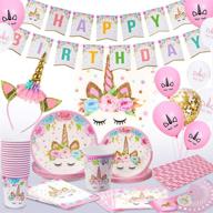 🦄 complete unicorn birthday decorations set for girls - tableware, headband, cake topper, banner, and more - serves 16 guests логотип