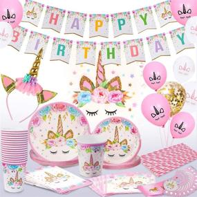 img 4 attached to 🦄 Complete Unicorn Birthday Decorations Set for Girls - Tableware, Headband, Cake Topper, Banner, and More - Serves 16 Guests