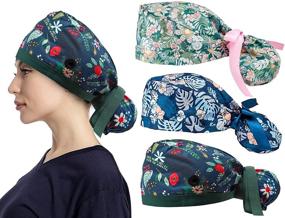 img 3 attached to 🎀 Stylish Ponytail Scrub Caps for Women with Ribbon Tie and Buttons- Ideal for Ladies with Long Hair