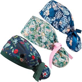 img 4 attached to 🎀 Stylish Ponytail Scrub Caps for Women with Ribbon Tie and Buttons- Ideal for Ladies with Long Hair