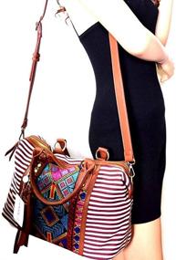 img 2 attached to 👜 Женская сумка-бостон с ацтекскими полосами из канвы и кошелком в наборе для стиля и удобства