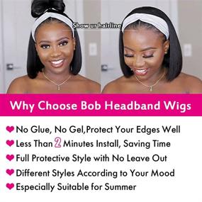 img 1 attached to 👩 Bob Headband Wigs Human Hair Straight for Black Women Short Brazilian Virgin Hair 150% Density Glueless Half Wig Headband Style (10 inch Bob)