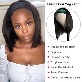 img 2 attached to 👩 Bob Headband Wigs Human Hair Straight for Black Women Short Brazilian Virgin Hair 150% Density Glueless Half Wig Headband Style (10 inch Bob)