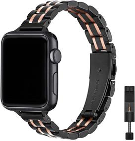 img 4 attached to Тонкий заменяемый ремешок из нержавеющей стали STIROLL для Apple Watch 38мм 40мм 42мм 44мм - черный + розовое золото - совместим с iWatch SE Series 6/5/4/3/2/1 - женский и мужской металлический браслет (38мм/40мм)