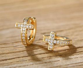 img 3 attached to 💎 Stunning Barzel 18k Gold Plated Layered Crystal Cross Earrings Huggies for Women. Discover the Perfect Statement Accessory!