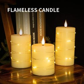 img 3 attached to 🕯️ Set of 3 Flameless Battery Operated Flickering Candles: LED Electric Candles with Embedded String Lights, 10-Key Remote Control, Dancing Flame, Real Wax (Batteries not Included)