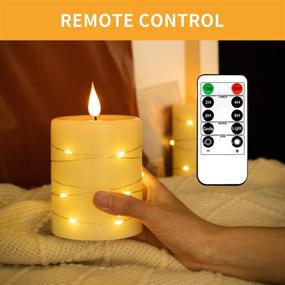 img 1 attached to 🕯️ Set of 3 Flameless Battery Operated Flickering Candles: LED Electric Candles with Embedded String Lights, 10-Key Remote Control, Dancing Flame, Real Wax (Batteries not Included)