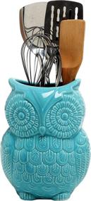 img 3 attached to 🦉 Large Aqua Blue Ceramic Cooking Utensil Holder - Owl Design, Kitchen Storage Crock by MyGift