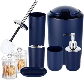 img 4 attached to 🚽 HOMEACC Navy Blue Bathroom Set of 8 with Toothbrush Holder, Toothbrush Cup, Soap Dispenser, Soap Dish, Toilet Brush Holder, Trash Can, Cotton Swab Box - Plastic Bathroom Accessories for Home and Bathroom