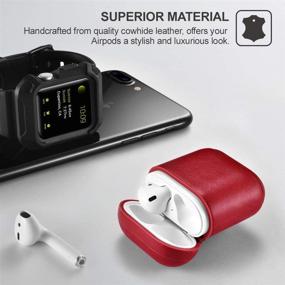 img 3 attached to 🔴 Чехол ICARER из натуральной кожи для AirPods с ремешком - красный | Портативный защитный ударопрочный чехол для зарядного чехла Apple AirPods