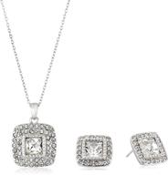 💎 sterling silver princess cut halo pendant necklace and stud earrings jewelry set with swarovski crystal elements logo