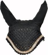 🐎 manaal enterprises soft crochet breathable cotton ear net hood with piping - horse ear protector bonnet flyveil (sizes: full, cob & pony) - cotton black equestrain logo
