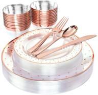 🌹 bucla 25-guest rose gold plastic plates set with disposable plastic silverware and 9oz cups - polka dot plastic dinnerware including 25 dinner plates, 25 salad plates, 25 forks, 25 knives, 25 spoons, and 25 cups logo