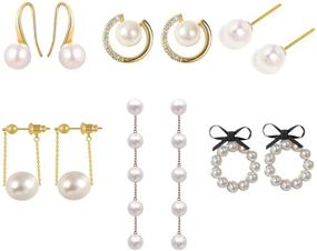 img 4 attached to CARSEINEL 6 Pairs of Pearl Stud Earrings for Women - Round Bowknot White, 14K Gold Plated Dangle Drop Earrings - Jewelry Set for Girls