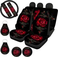 🌹 zfrxign rose car accessories seat covers full set for women with steering wheel cover, seat belt pads, keyring, coasters fits most cars suv trunk sedan front and rear seat cover 11 pcs black - upgrade your car interior with elegant rose design logo