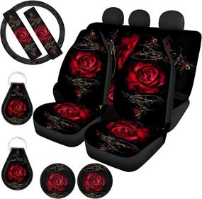 img 4 attached to 🌹 ZFRXIGN Rose Car Accessories Seat Covers Full Set for Women with Steering Wheel Cover, Seat Belt Pads, Keyring, Coasters Fits Most Cars SUV Trunk Sedan Front and Rear Seat Cover 11 Pcs Black - Upgrade Your Car Interior with Elegant Rose Design