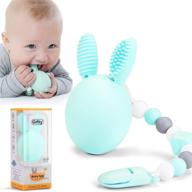 bunny eggy teething toy: multi-functional teether, toothbrush, rattle & gum massager for infants. includes silicone bead clip, carry box. made of 100% safe food-grade silicone. suitable for baby boys & girls. color: mint. logo