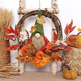 img 4 attached to Autumn Harvest Wreath with Plush Gnome, 15 Inch Artificial Grapevine, Flowers 🍁 Maple Leaves Berries Pumpkin, for Front Door Window and Wall Decoration, HAUMENLY Fall Wreath