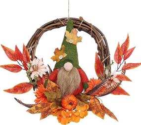 img 3 attached to Autumn Harvest Wreath with Plush Gnome, 15 Inch Artificial Grapevine, Flowers 🍁 Maple Leaves Berries Pumpkin, for Front Door Window and Wall Decoration, HAUMENLY Fall Wreath