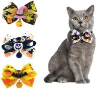 🎃 haakong 3-piece halloween cat bowtie collar set with bell - kitten removable bow collar featuring pumpkin soul print, witch hat, bat, and clown resin decoration логотип